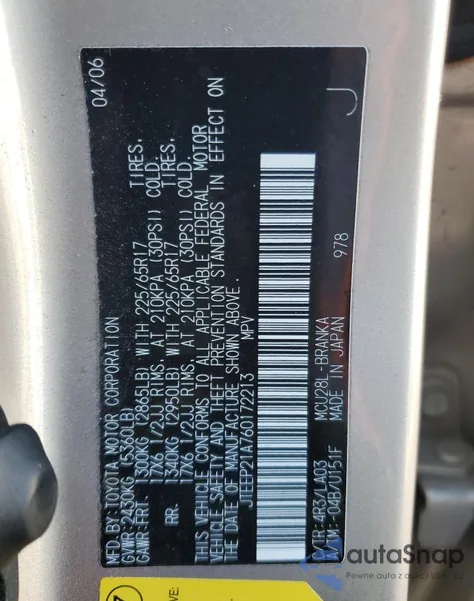 2006 Toyota Highlander Limited from USA, damaged, VIN JTEEP21A760172213